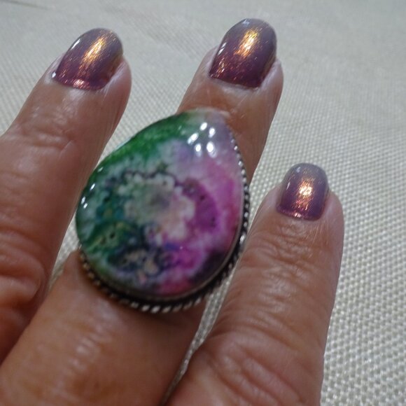 Beautiful GREEN & PINK SOLAR AGATE Handmade Sterling Ring Size 8.25 #177C - Picture 1 of 3